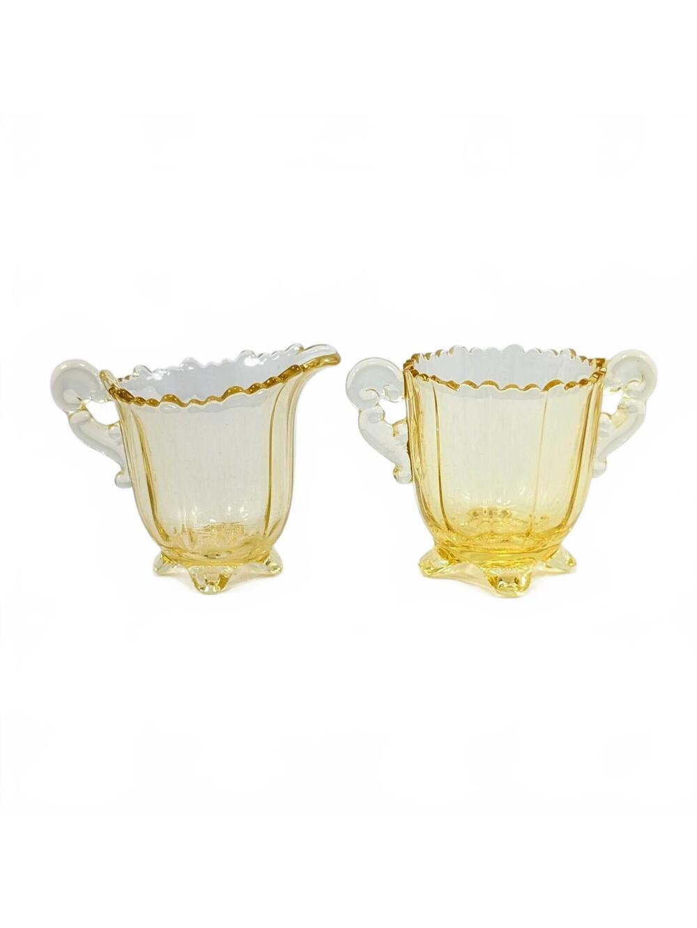 1930s Martha Pattern Cambridge Glass Gold Krystol Footed Creamer & Sugar Set